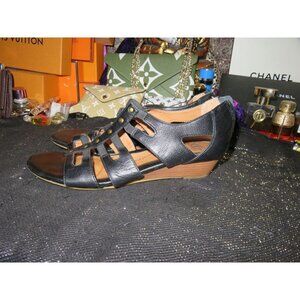 SOFFT Ilana Black Full Grain Leather Wedge Embellished Studded Back Zip Sandals